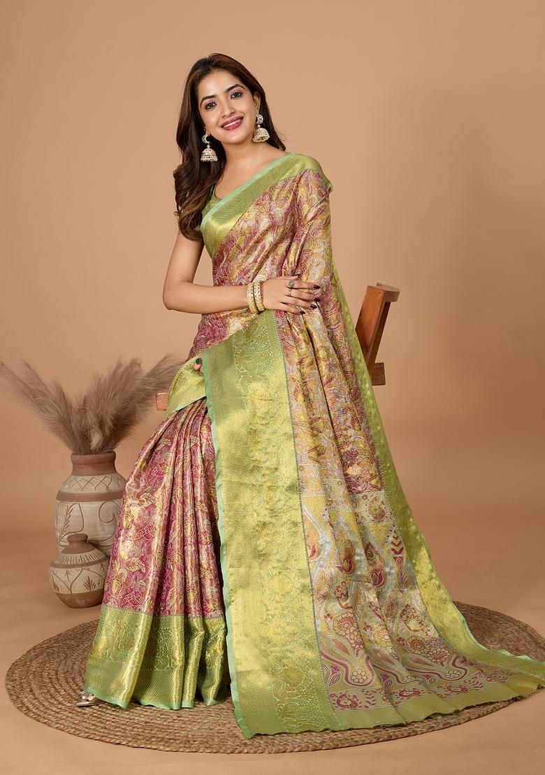 Green Resham Work Silk Blend Saree Set