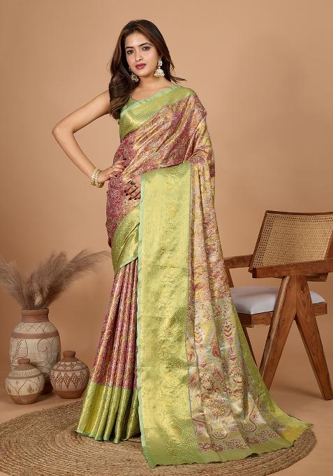 Green Resham Work Silk Blend Saree Set