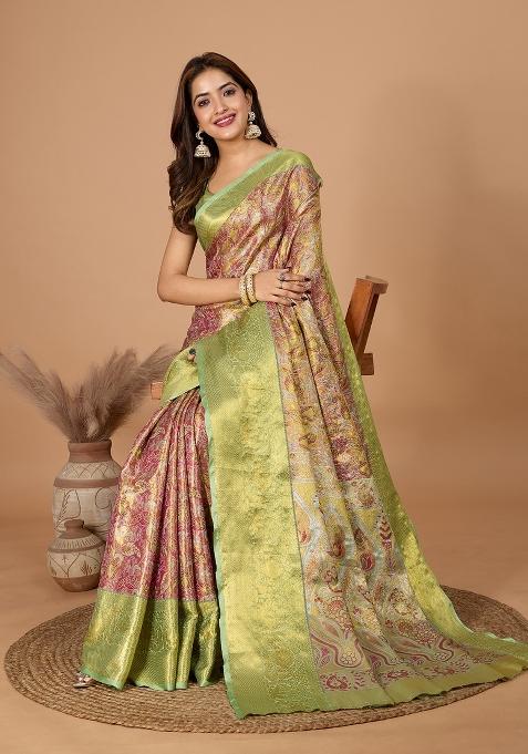 Green Resham Work Silk Blend Saree Set