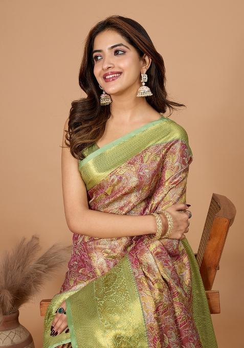 Green Resham Work Silk Blend Saree Set