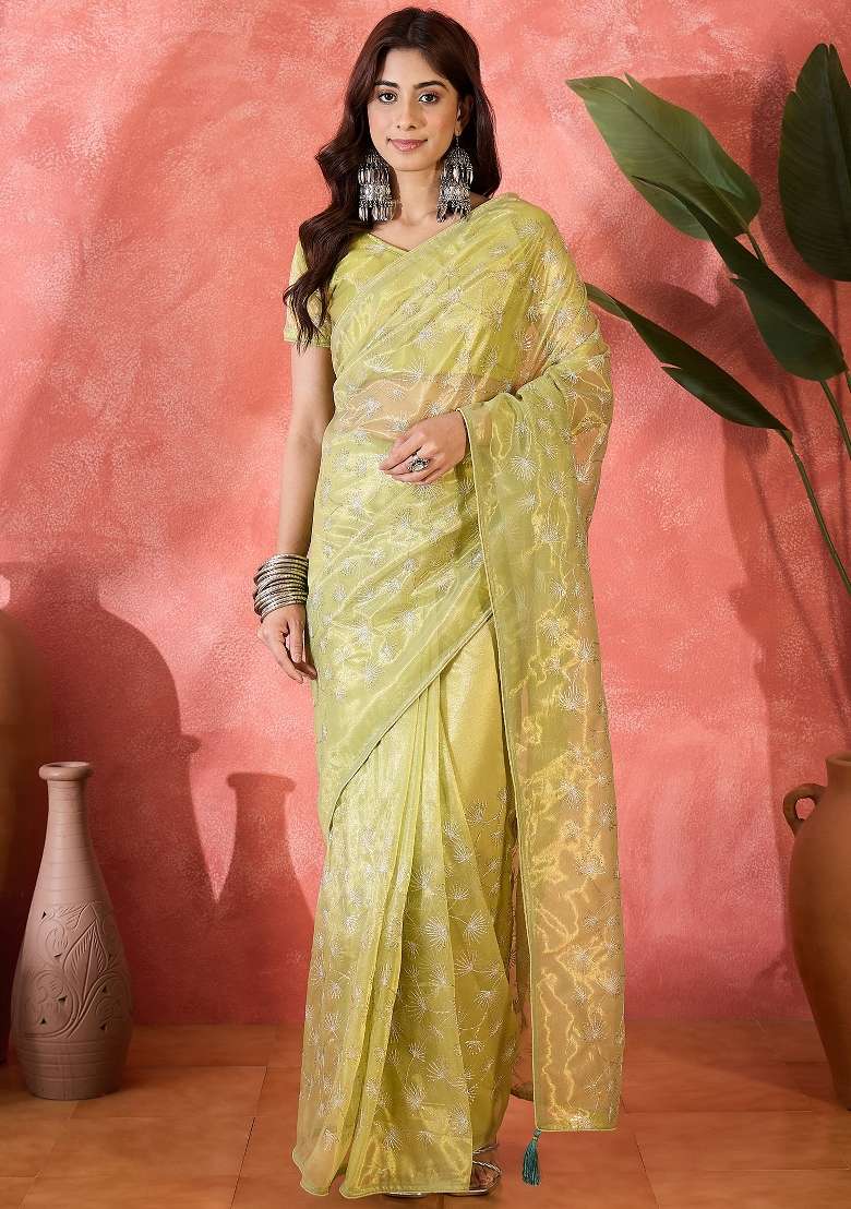 Mustard Yellow Sequin Work Net Saree Set - Indya