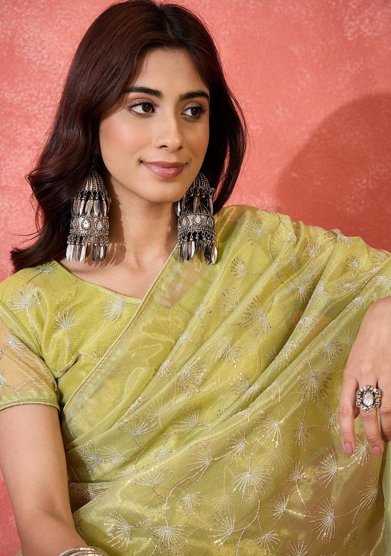 Mustard Yellow Sequin Work Net Saree Set