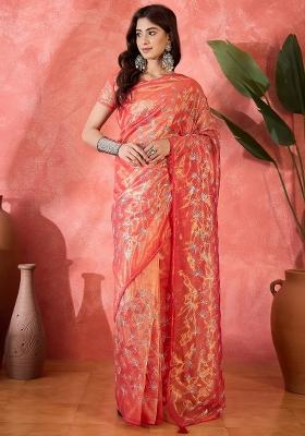 Red Sequin Work Net Saree Set