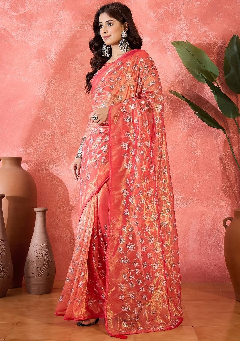 Red Sequin Work Net Saree Set