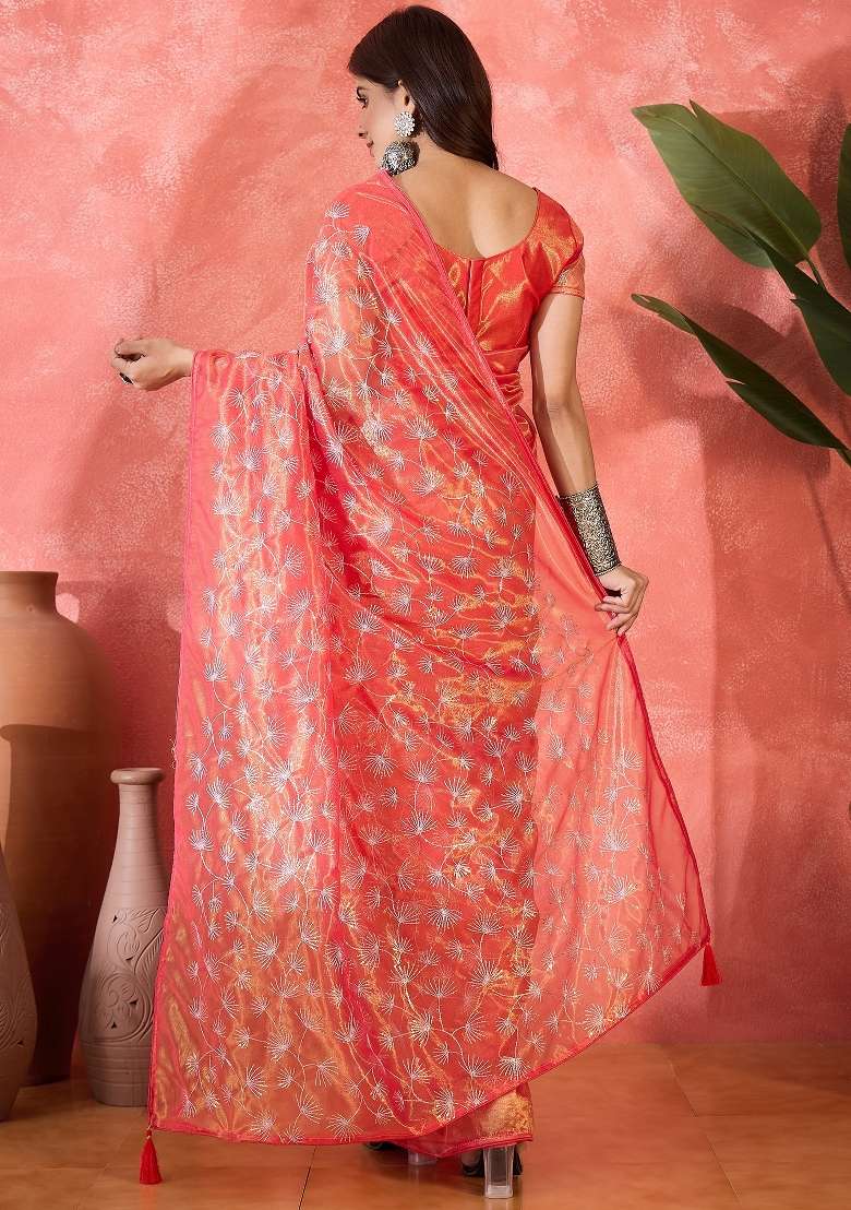 Red Sequin Work Net Saree Set - Indya