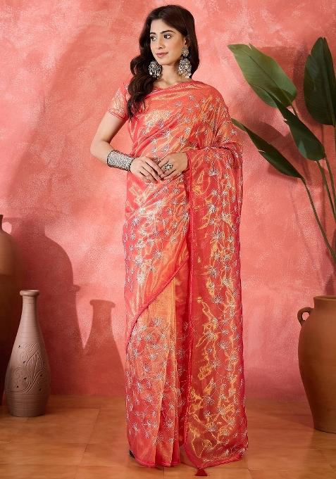 Red Sequin Work Net Saree Set
