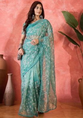 Blue Sequin Work Net Saree Set