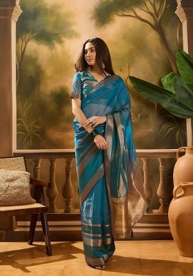Teal Blue Zari Woven Organza Saree Set