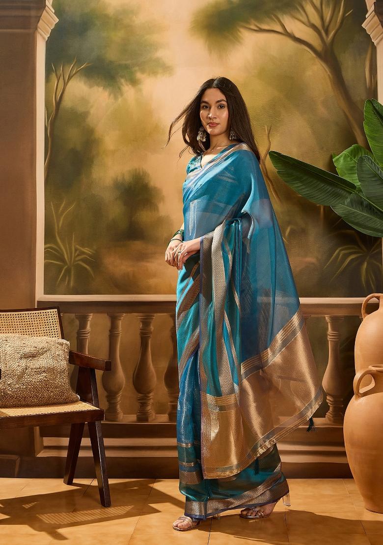Teal Blue Zari Woven Organza Saree Set