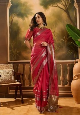 Maroon Zari Woven Organza Saree Set