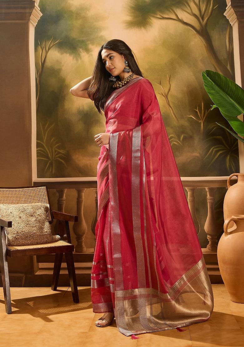 Maroon Zari Woven Organza Saree Set
