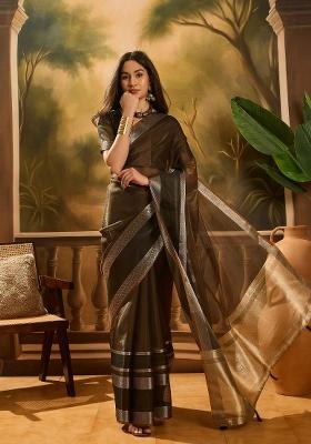 Brown Zari Woven Organza Saree Set