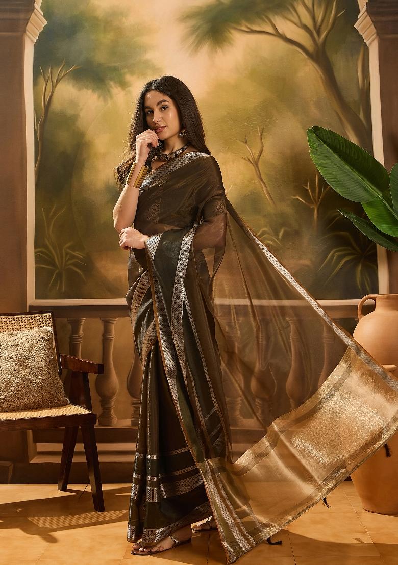 Brown Zari Woven Organza Saree Set