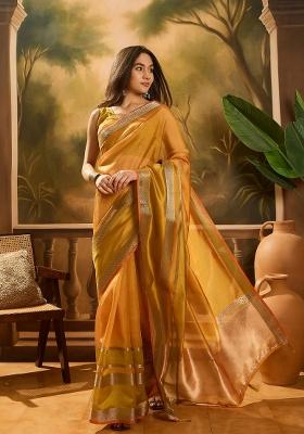 Mustard Yellow Zari Woven Organza Saree Set
