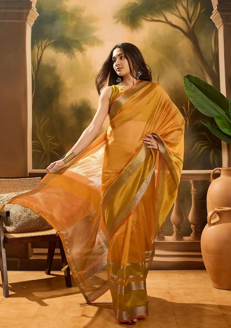 Mustard Yellow Zari Woven Organza Saree Set