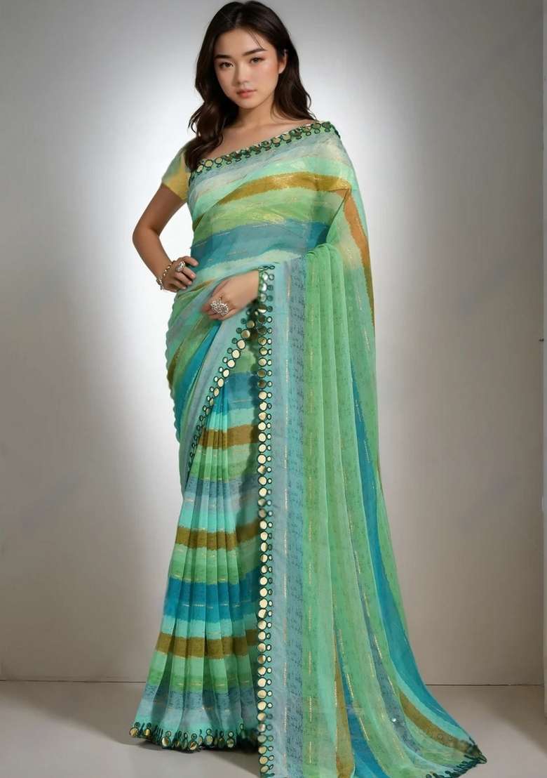 Green Leheriya Print Chiffon Saree Set for Diwali and Festive Wear - Indya