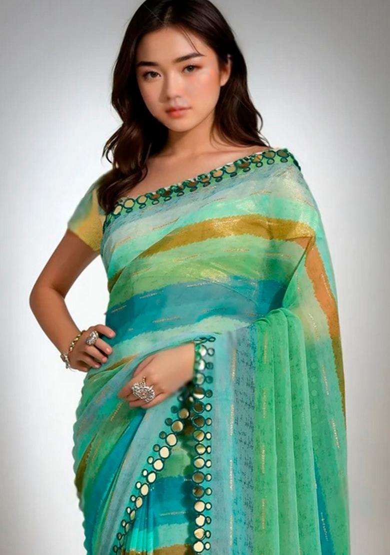 Green Leheriya Print Chiffon Saree Set