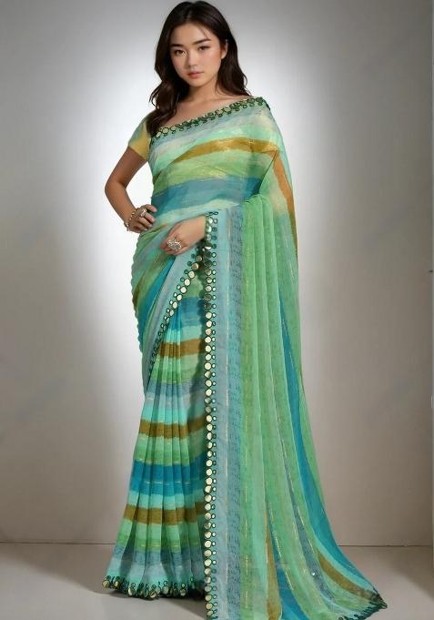 Green Leheriya Print Chiffon Saree Set