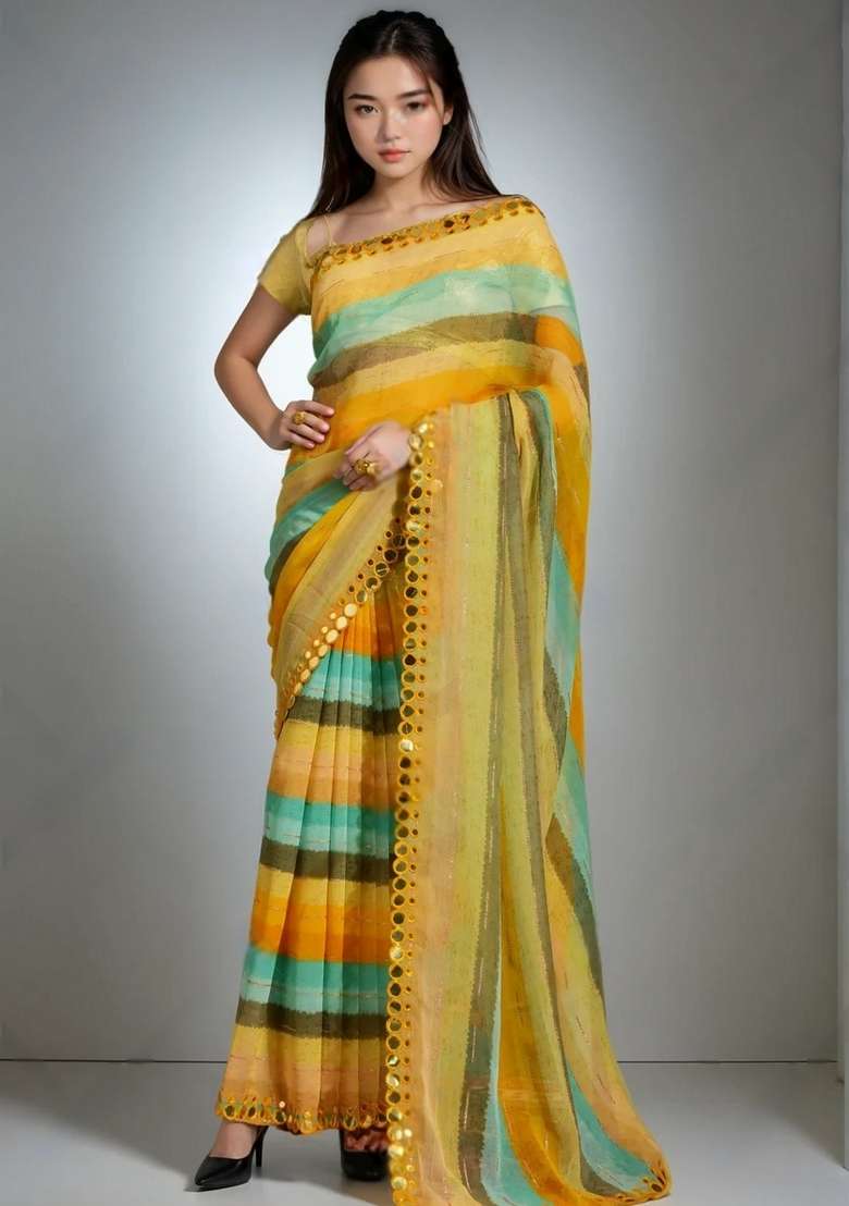 Yellow Leheriya Print Chiffon Saree Set - Indya