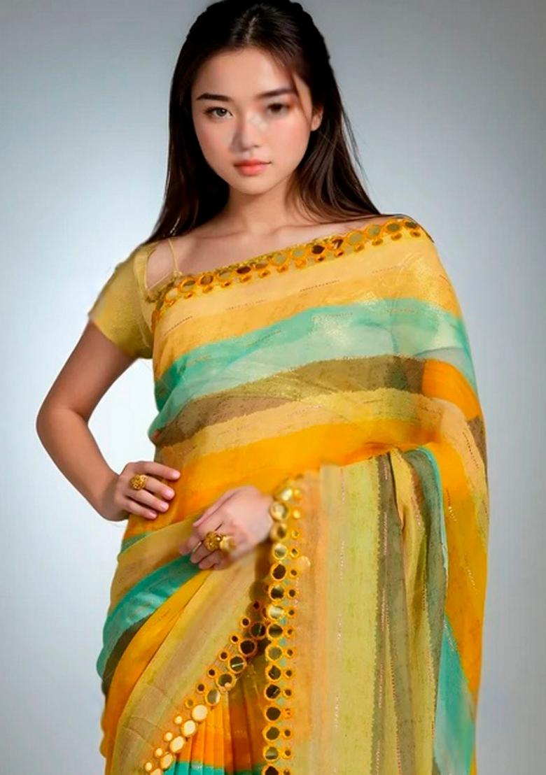 Yellow Leheriya Print Chiffon Saree Set