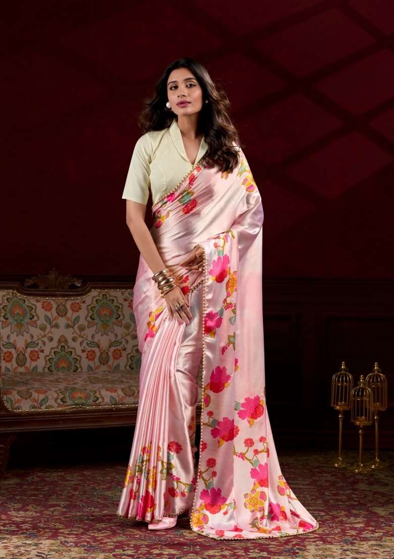 Peach Floral Print Satin Saree Set for Diwali and Festive Wear - Indya