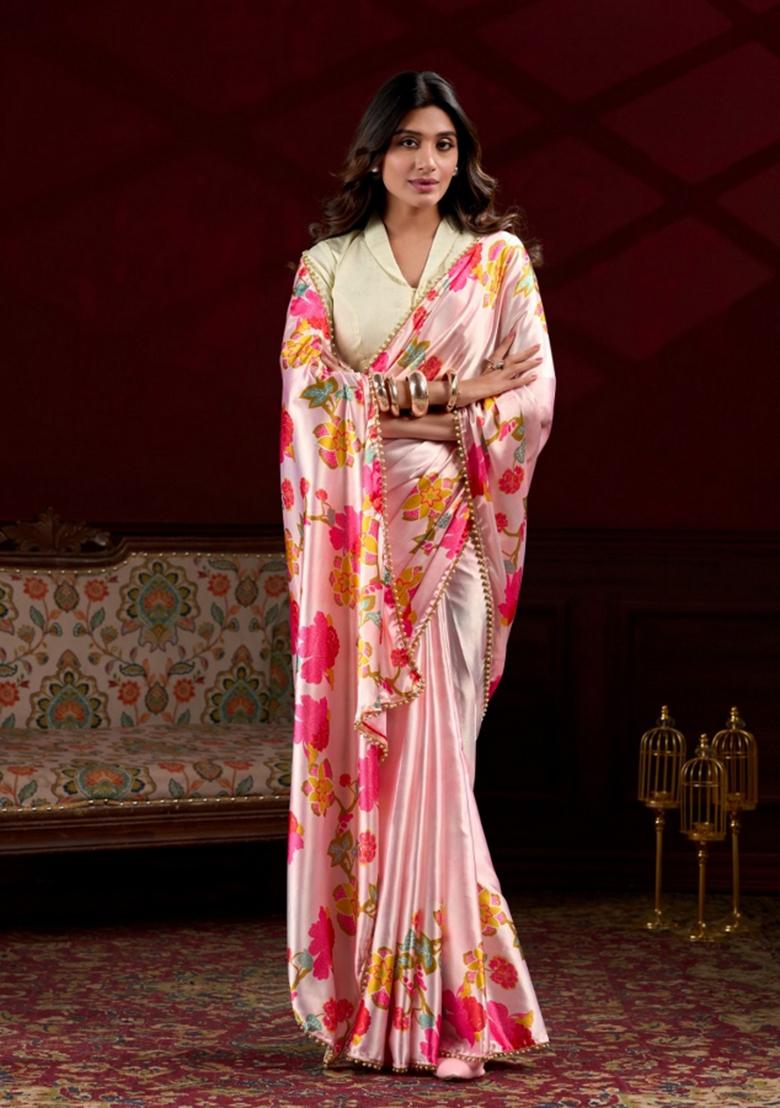 Peach Floral Print Satin Saree Set