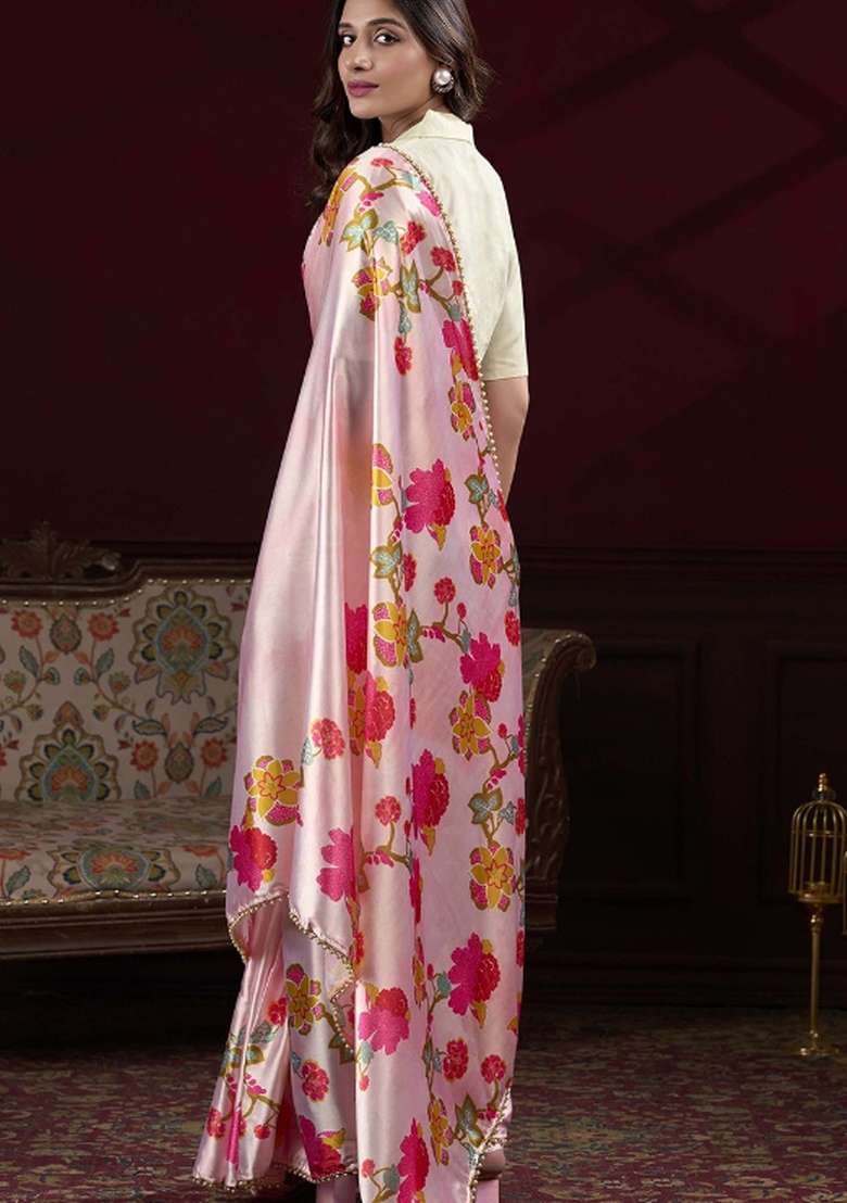Peach Floral Print Satin Saree Set for Diwali and Festive Wear - Indya