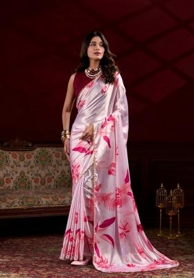 Pink Floral Print Satin Saree Set