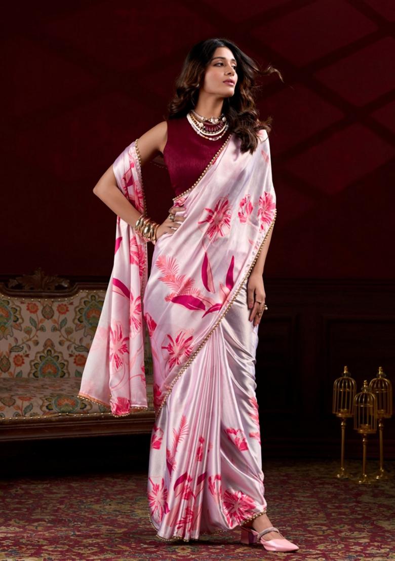 Pink Floral Print Satin Saree Set