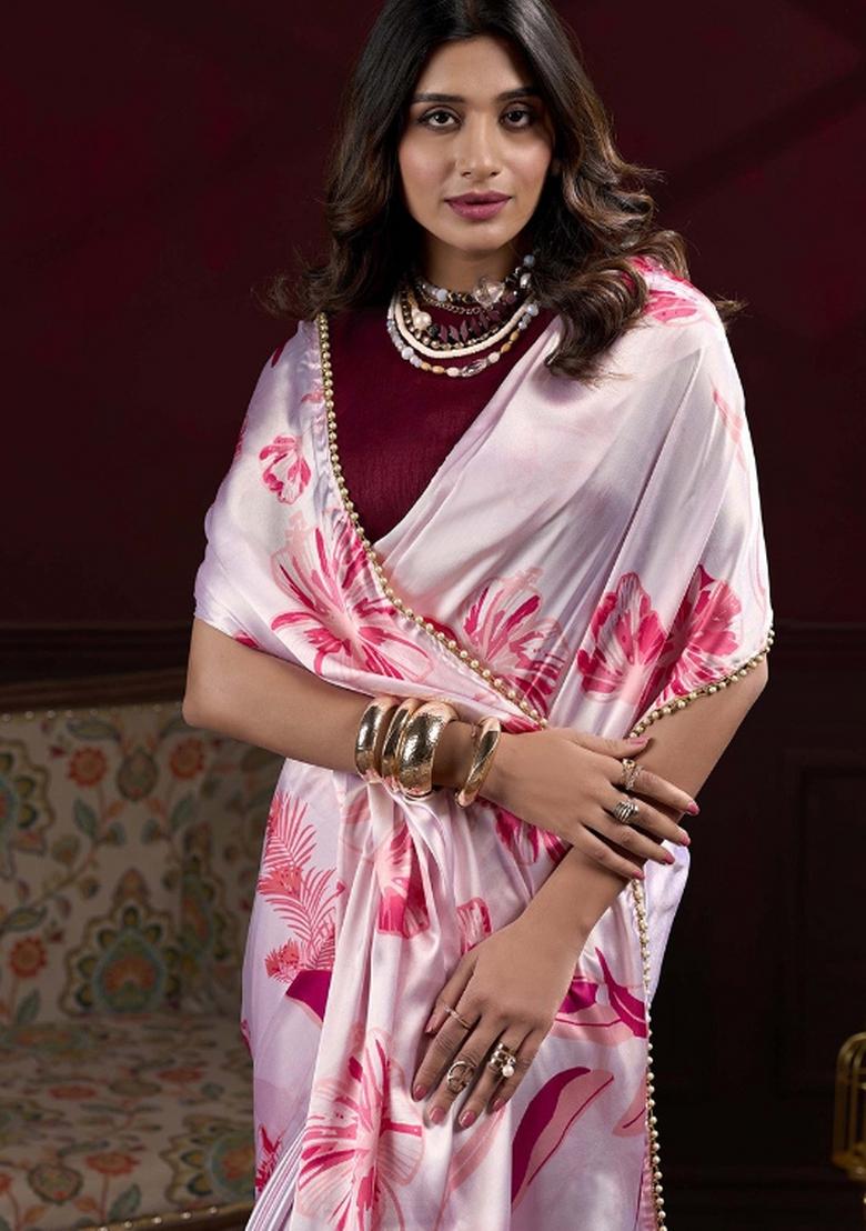 Pink Floral Print Satin Saree Set