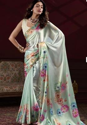 Sky Blue Floral Print Satin Saree Set