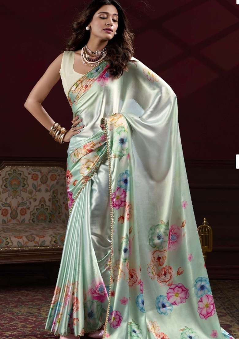 Sky Blue Floral Print Satin Saree Set - Indya