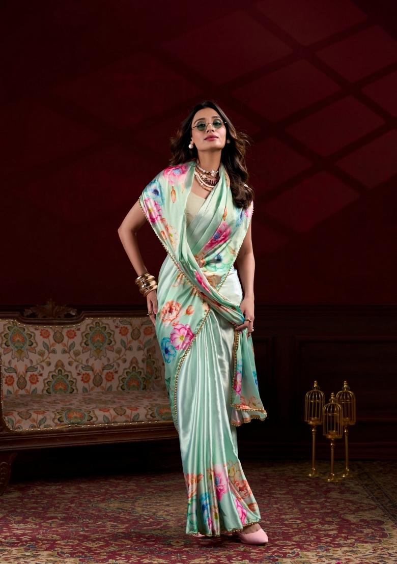 Sky Blue Floral Print Satin Saree Set