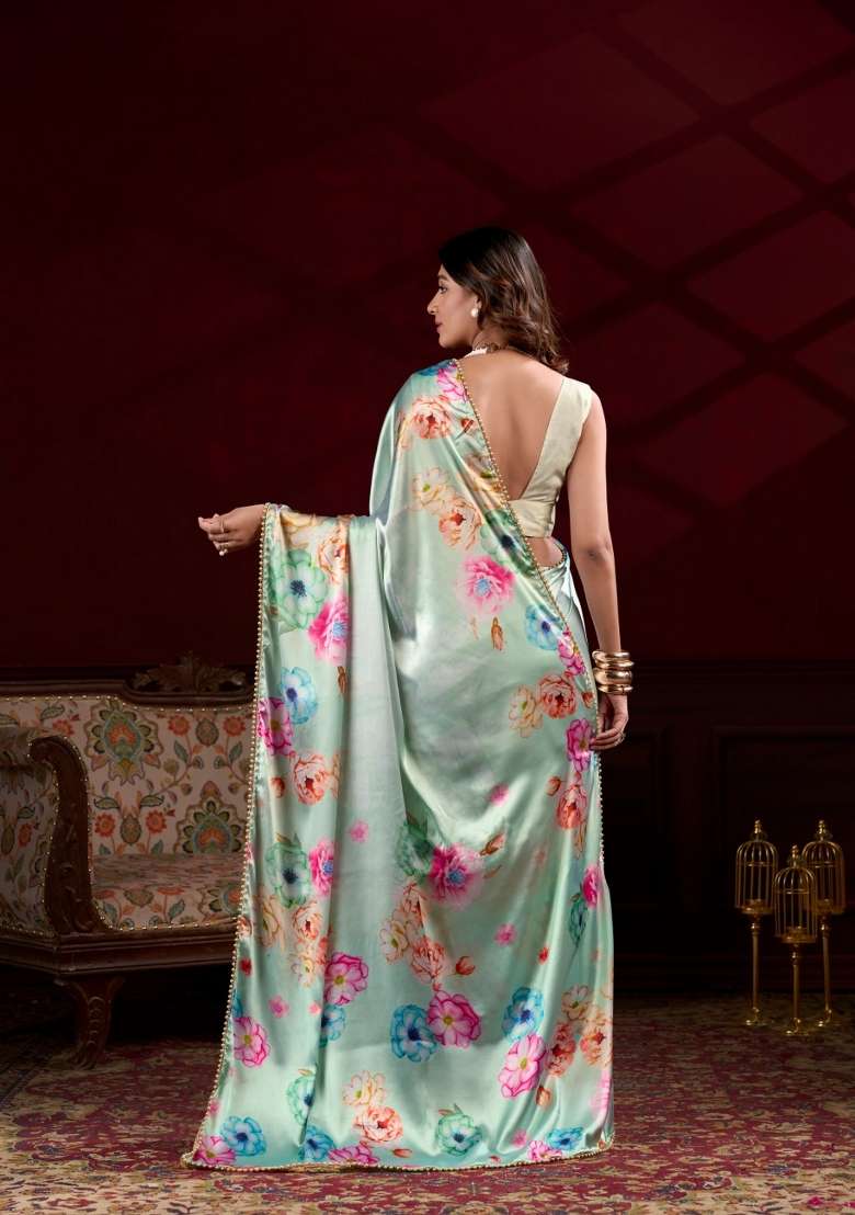 Sky Blue Floral Print Satin Saree Set - Indya
