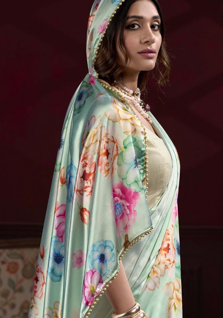 Sky Blue Floral Print Satin Saree Set