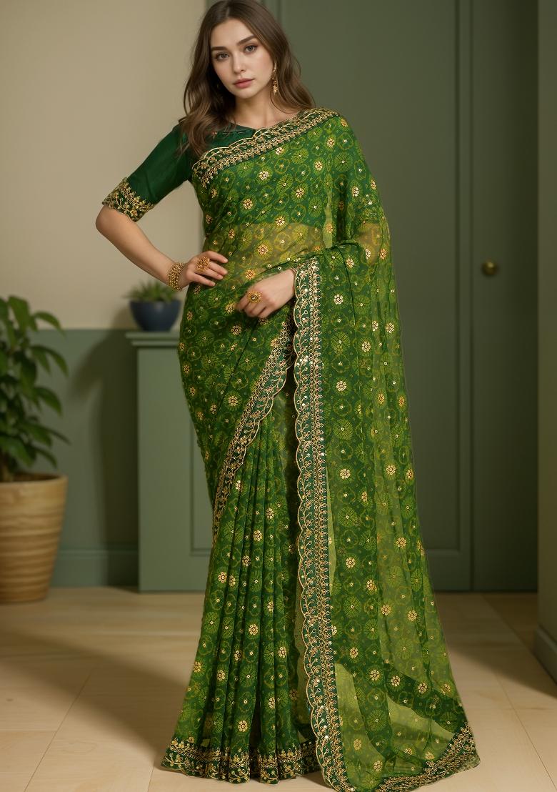 Green Abstract Print Georgette Saree Set
