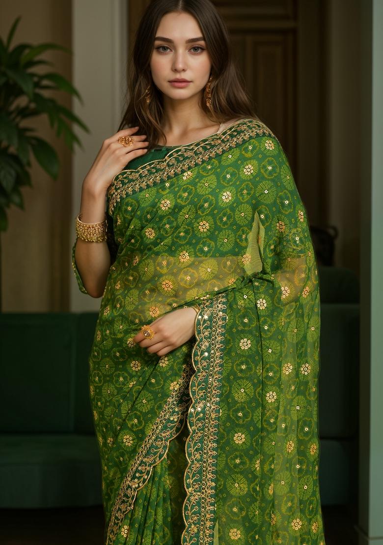 Green Abstract Print Georgette Saree Set