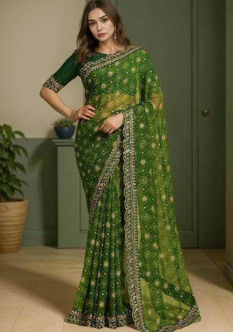 Green Abstract Print Georgette Saree Set