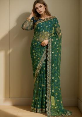 Blue Abstract Print Georgette Saree Set