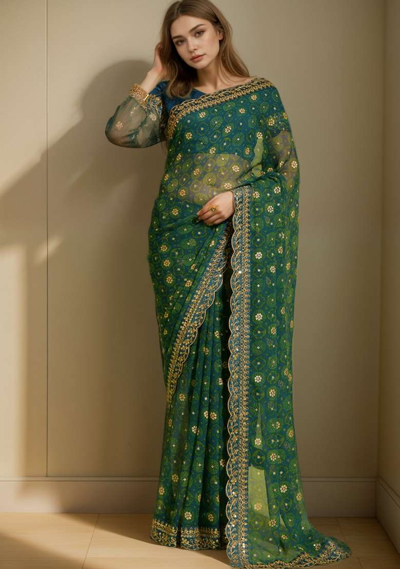 Blue Georgette Saree Set with Abstract Print for Diwali | Wedding & Festive Wear - Indya
