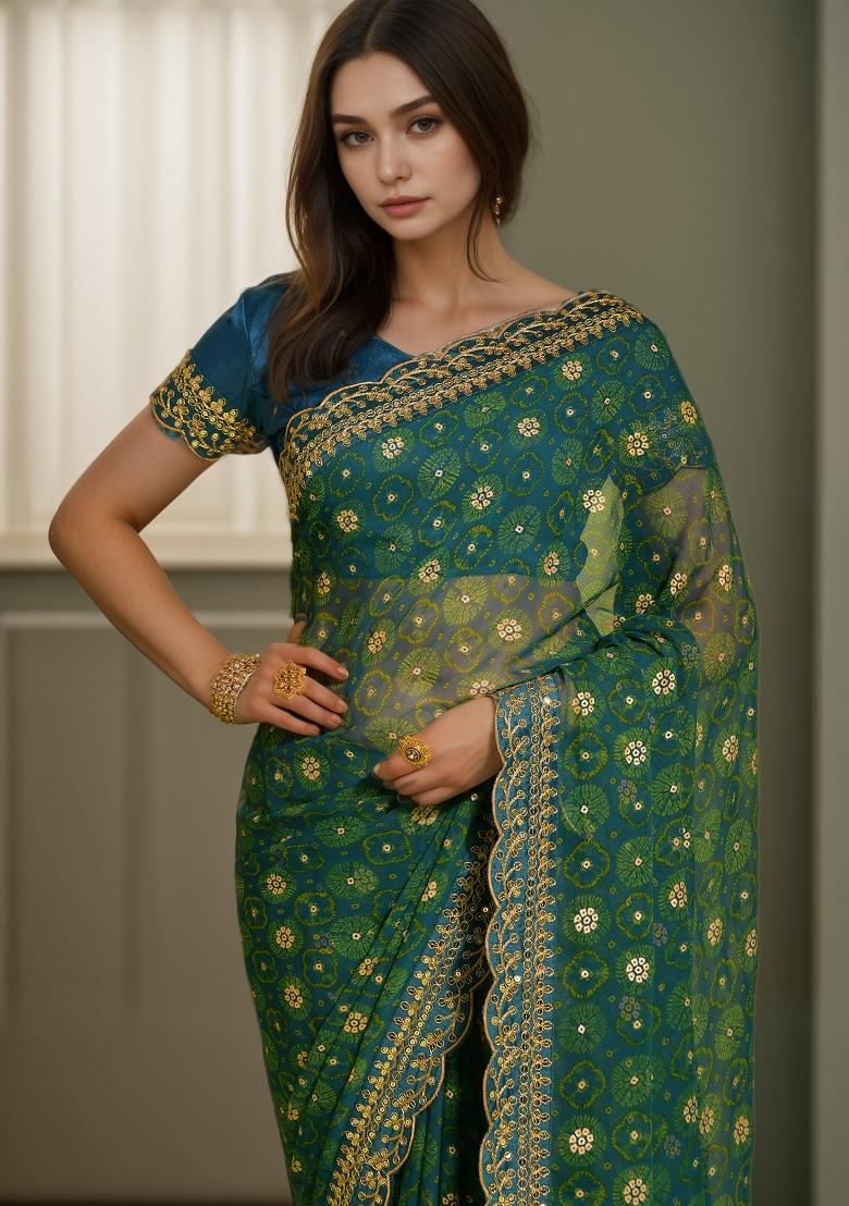 Blue Abstract Print Georgette Saree Set