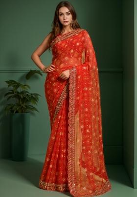 Red Abstract Print Georgette Saree Set