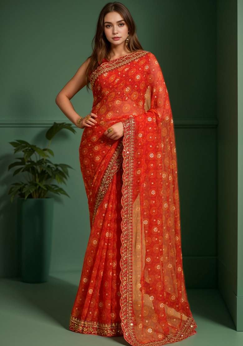 Red Georgette Saree Set with Abstract Print for Diwali | Wedding & Festive Wear - Indya