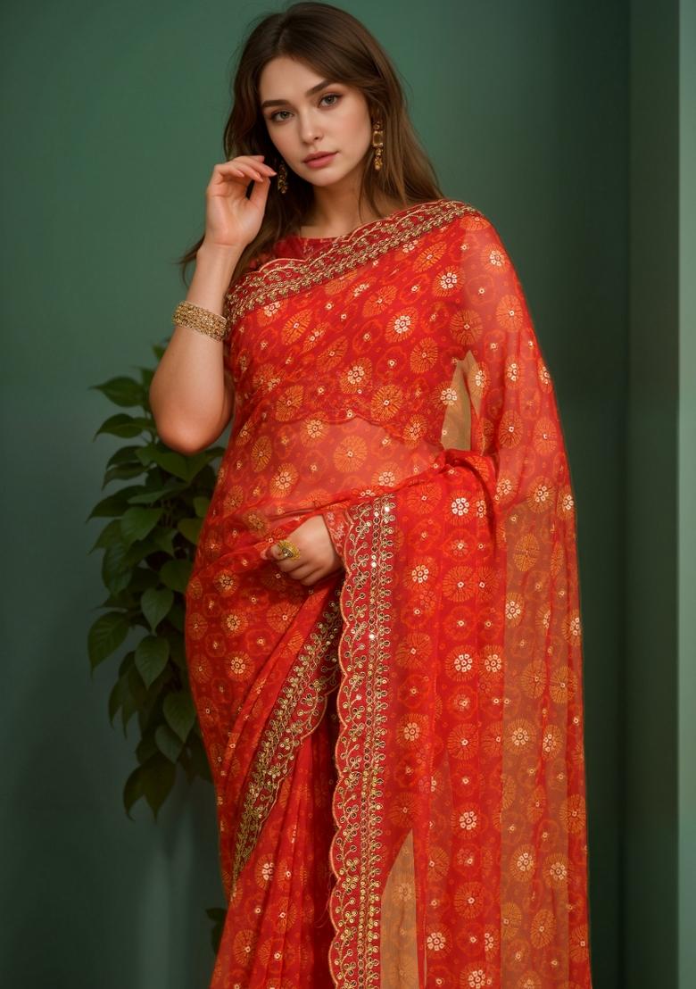 Red Abstract Print Georgette Saree Set