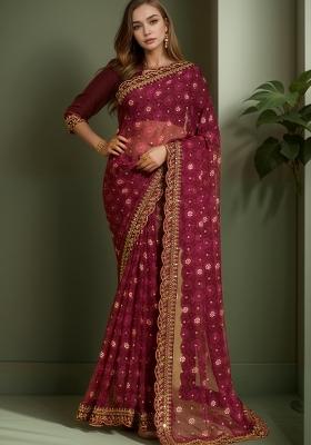 Maroon Abstract Print Georgette Saree Set