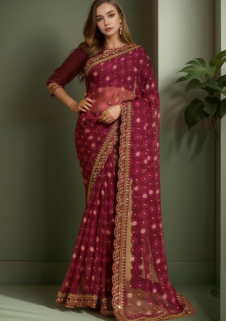 Maroon Abstract Print Georgette Saree Set