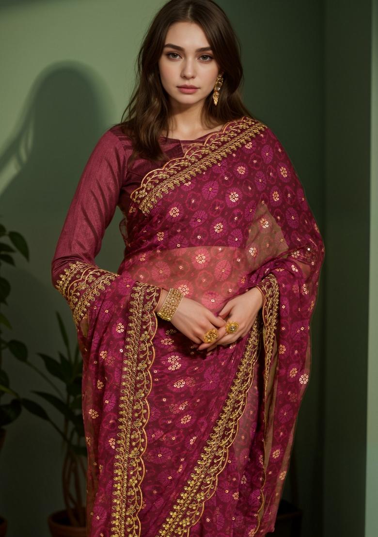 Maroon Abstract Print Georgette Saree Set
