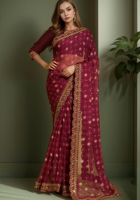 Maroon Abstract Print Georgette Saree Set