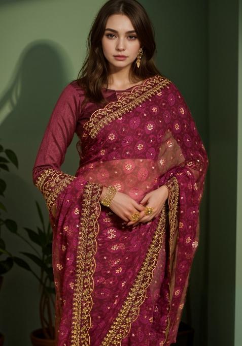 Maroon Abstract Print Georgette Saree Set