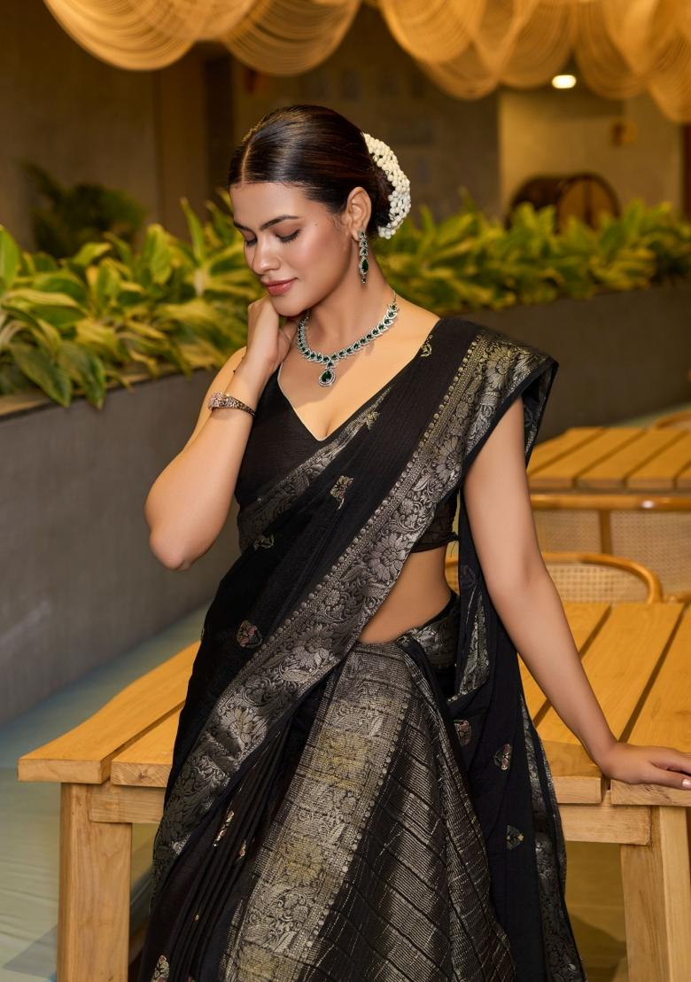 Black Zari Woven Art Silk Saree Set